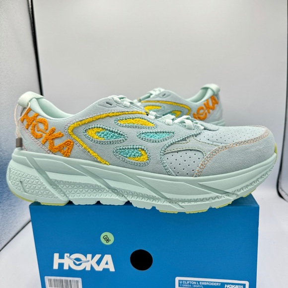 NWT Hoka Clifton Leather Embroidery UNISEX Shoes blue glass radiant yellow NEW - Picture 6 of 16